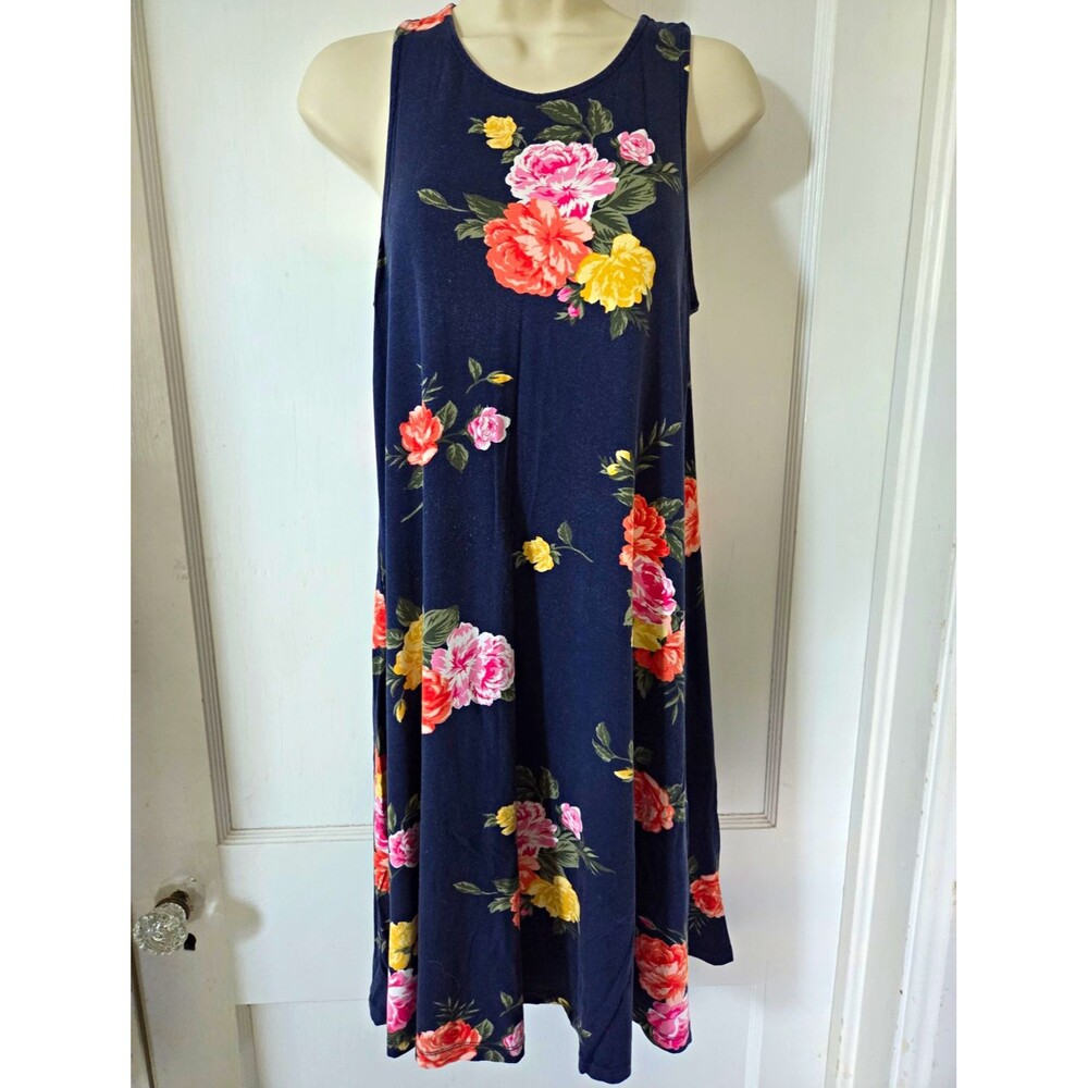 Old Navy Navy Floral A-Line Dress Round Neck Sleeveless Knee Length Pullover S